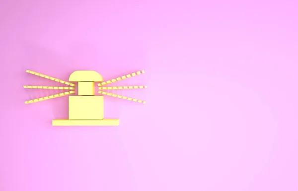 Icono de aspersores de riego automático amarillo aislado sobre fondo rosa. Equipo de riego. Elemento jardín. Icono de pistola de aerosol. Concepto minimalista. 3D ilustración 3D render — Foto de Stock