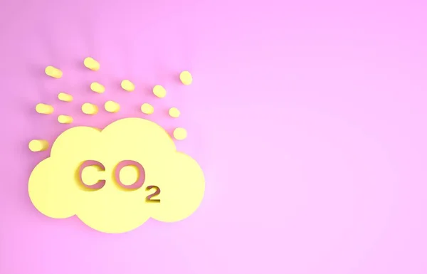 Викиди CO2 жовтого кольору в хмарній піктограмі ізольовані на рожевому фоні. Символ формули вуглекислого газу, концепція забруднення смогу, концепція навколишнього середовища. Концепція мінімалізму. 3D ілюстрація 3D рендеринга — стокове фото