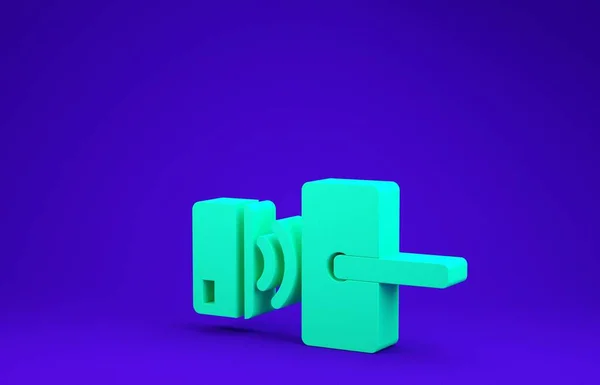 Cerradura de puerta digital verde con tecnología inalámbrica para desbloquear icono aislado sobre fondo azul. Señal de la puerta. Hogar inteligente de seguridad. Concepto minimalista. 3D ilustración 3D render — Foto de Stock