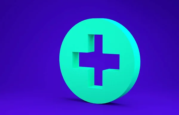 Grön medicinsk kors i cirkel ikon isolerad på blå bakgrund. Första hjälpen medicinsk symbol. Minimalistiskt koncept. 3D-illustration 3D-återgivning — Stockfoto