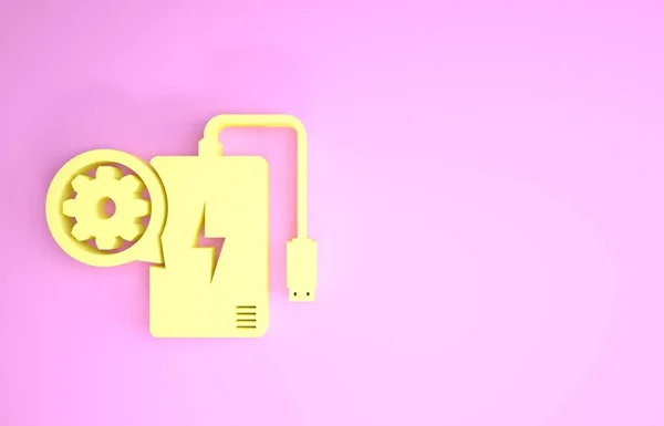 Banco de energia amarelo com cabo de carga e ícone de engrenagem isolado no fundo rosa. Ajustar aplicativo, conceito de serviço, opções de configuração, manutenção, reparo. Conceito de minimalismo. 3D ilustração 3D render — Fotografia de Stock