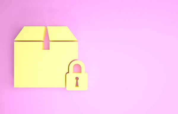 Жовтий Заблокований значок пакунка ізольовано на рожевому фоні. Замок і картонна коробка. Концепція мінімалізму. 3D ілюстрація 3D рендеринга — стокове фото