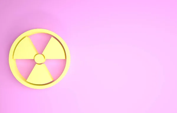 Sarı Radyoaktif simge pembe arka planda izole edildi. Radyoaktif zehirli sembol. Radyasyon tehlikesi işareti. Minimalizm kavramı. 3d illüstrasyon 3d canlandırma — Stok fotoğraf