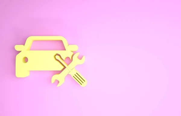 Жовтий автомобіль з викруткою та значком ключа ізольовано на рожевому фоні. Налаштування, обслуговування, налаштування, обслуговування, ремонт, виправлення. Концепція мінімалізму. 3D ілюстрація 3D рендеринга — стокове фото