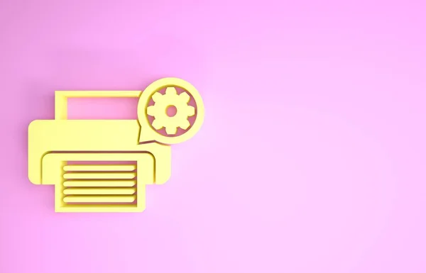 Ícone de impressora e engrenagem amarelo isolado no fundo rosa. Ajustar aplicativo, conceito de serviço, opções de configuração, manutenção, reparo, fixação. Conceito de minimalismo. 3D ilustração 3D render — Fotografia de Stock