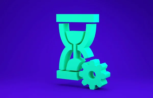 녹색 모래시계와 기어 아이콘은 파란 배경에 분리되어 있습니다. 시간 관리 심볼. 시계와 기어 아이콘. 생산성의 상징. 최소성 개념. 3D 일러스트 3D 렌더링 — 스톡 사진