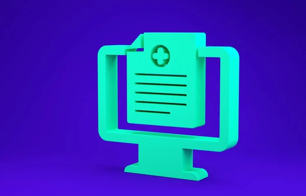 Grön medicinsk journal på monitor ikon isolerad på blå bakgrund. Sjukförsäkringsformulär. Recept, läkarundersökning rapport. Minimalistiskt koncept. 3D-illustration 3D-återgivning — Stockfoto