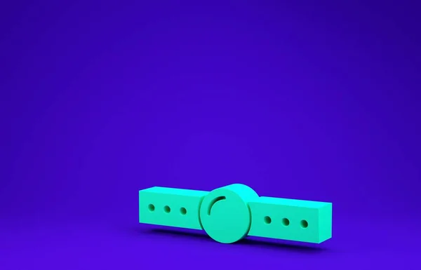 파란 배경에는 가죽 벨트 아이콘이 달린 녹색 실리콘 공 개그 가 따로 붙어 있다. 페티쉬 액세서리. 남성 과 여성을 위한 섹스 장난감. 최소성 개념. 3D 일러스트 3D 렌더링 — 스톡 사진