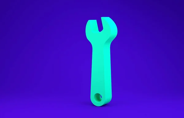 Піктограма зеленого ключа ізольована на синьому фоні. Інструмент для ремонту ключів. Символ інструменту обслуговування. Концепція мінімалізму. 3D ілюстрація 3D рендеринга — стокове фото