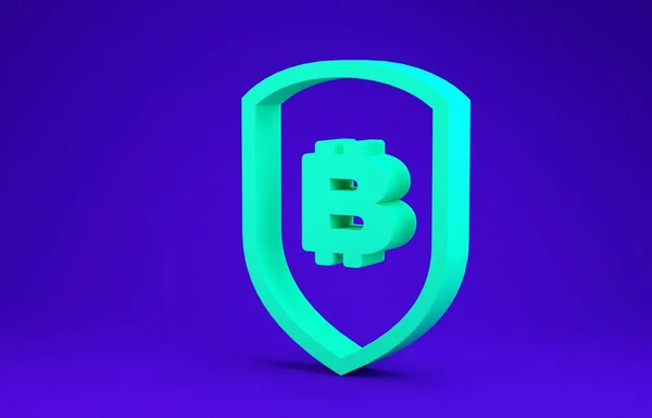 Зеленый щит с иконкой биткойна на синем фоне. Добыча криптовалют, технология блокчейна, безопасность, защита, цифровые деньги. Концепция минимализма. 3D-рендеринг — стоковое фото