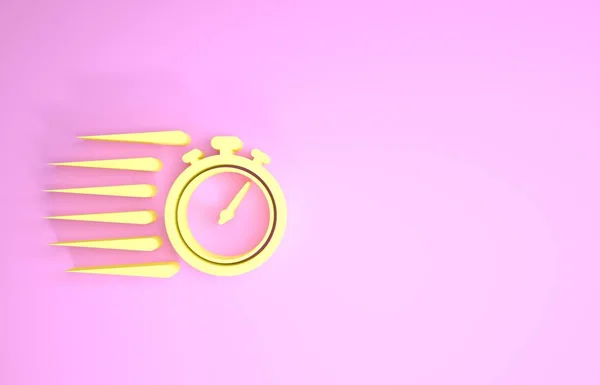 Ícone de cronômetro amarelo isolado no fundo rosa. Sinal do temporizador. Assinatura do cronómetro. Conceito de minimalismo. 3D ilustração 3D render — Fotografia de Stock