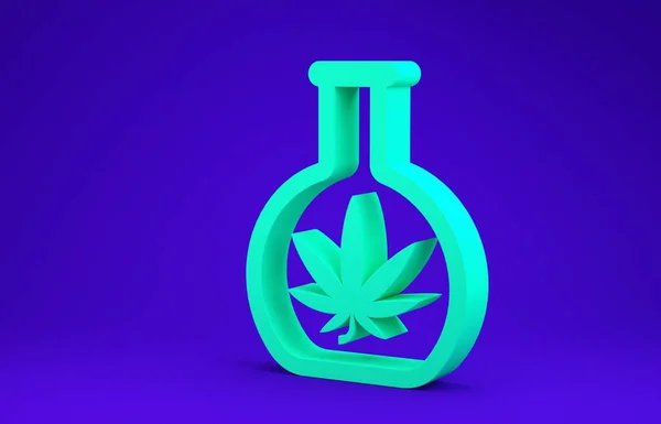 Provetta chimica verde con icona di marijuana o foglie di cannabis isolata su fondo blu. Concetto di ricerca. Concetto di olio di CBD di laboratorio. Concetto minimalista. Illustrazione 3d rendering 3D — Foto Stock
