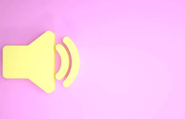 Icona del volume altoparlante giallo - simbolo del suono della voce audio, icona della musica multimediale isolata su sfondo rosa. Concetto minimalista. Illustrazione 3d rendering 3D — Foto Stock