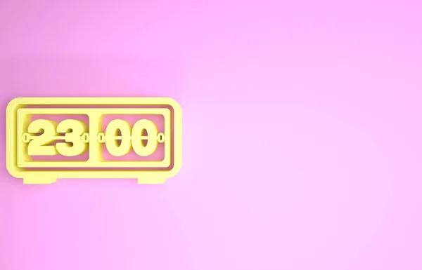 Icono de reloj retro amarillo aislado sobre fondo rosa. Reloj con solapa de pared, plantilla de contador de números, todos los dígitos con volteretas. Concepto minimalista. 3D ilustración 3D render — Foto de Stock