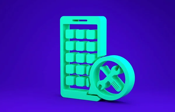 Зелені мобільні додатки з викруткою та значком ключа ізольовані на синьому фоні. Налаштування, обслуговування, налаштування, обслуговування, ремонт, виправлення. Концепція мінімалізму. 3D ілюстрація 3D рендеринга — стокове фото