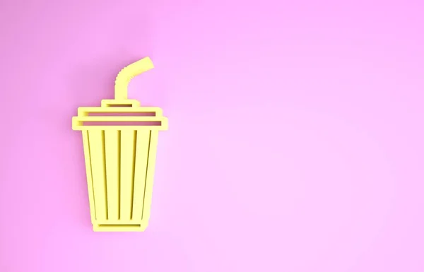 Vidrio amarillo con icono de agua aislado sobre fondo rosa. Un vaso de refresco con paja para beber. Símbolo de bebida fría fresca. Concepto minimalista. 3D ilustración 3D render — Foto de Stock