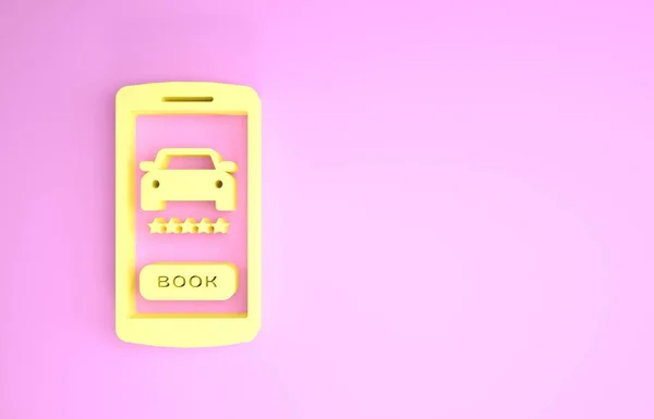 Yellow Online car sharing icon isolated on pink background. Online rental car service. Online booking design concept for mobile phone. Minimalism concept. 3d illustration 3D render