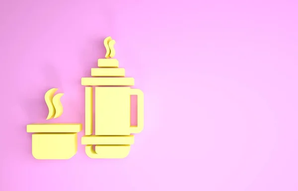 Icono del contenedor Yellow Thermos aislado sobre fondo rosa. Icono de termo frasco. Equipo de camping y senderismo. Concepto minimalista. 3D ilustración 3D render —  Fotos de Stock