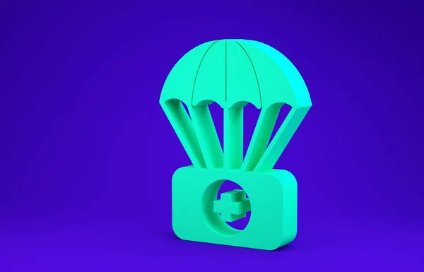 Paracaídas verde con icono del kit de primeros auxilios aislado sobre fondo azul. Seguro médico. Concepto minimalista. 3D ilustración 3D render — Foto de Stock