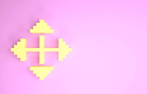 Yellow Pixel arrows in four directions icon isolated on pink background. Cursor move sign. Minimalism concept. 3d illustration 3D render — Stock Photo, Image