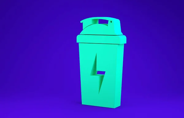 Ícone agitador Fitness verde isolado no fundo azul. Garrafa de shaker esportivo com tampa para coquetéis de água e proteína. Conceito de minimalismo. 3D ilustração 3D render — Fotografia de Stock