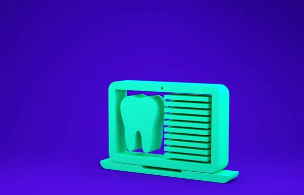 Laptop verde con tarjeta dental o el icono de la historia clínica del paciente aislado sobre fondo azul. Seguro dental. Informe de la clínica dental. Concepto minimalista. 3D ilustración 3D render —  Fotos de Stock