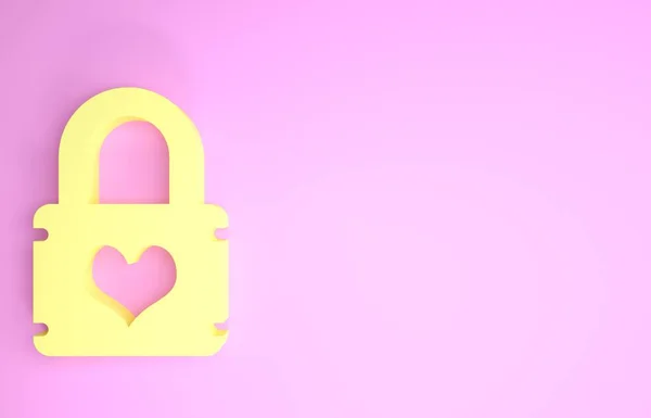 분홍색 배경에 하트 아이콘 이 있는 노란 자물쇠. 심장이 잠긴 채로. 사랑의 상징 과 열쇠 구멍 기호. 최소성 개념. 3D 일러스트 3D 렌더링 — 스톡 사진