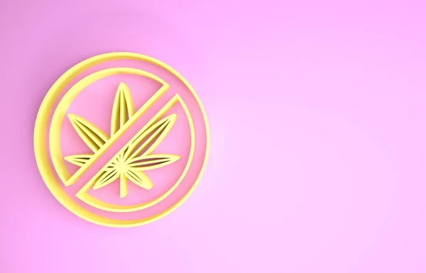 Sarı Dur esrarı ya da kenevir yaprağı ikonu pembe arka planda izole edilmiş. Marihuana içmek yok. Kenevir sembolü. Minimalizm kavramı. 3d illüstrasyon 3d canlandırma — Stok fotoğraf