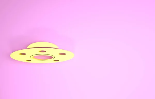 Żółta ikona latającego statku kosmicznego Ufo odizolowana na różowym tle. Latający spodek. Kosmiczny statek kosmiczny. Futurystyczny, nieznany obiekt latający. Koncepcja minimalizmu. Ilustracja 3d — Zdjęcie stockowe