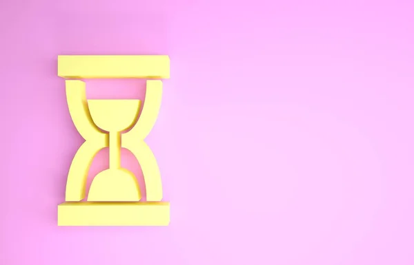 Reloj de arena amarillo viejo con el icono de arena que fluye aislado sobre fondo rosa. Señal de reloj de arena. Concepto de negocio y gestión del tiempo. Concepto minimalista. 3D ilustración 3D render —  Fotos de Stock