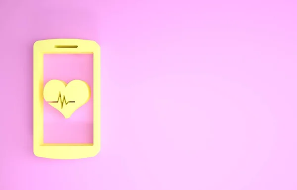 Żółty smartfon z ikoną funkcji monitora tętna na różowym tle. Koncepcja minimalizmu. Ilustracja 3d — Zdjęcie stockowe