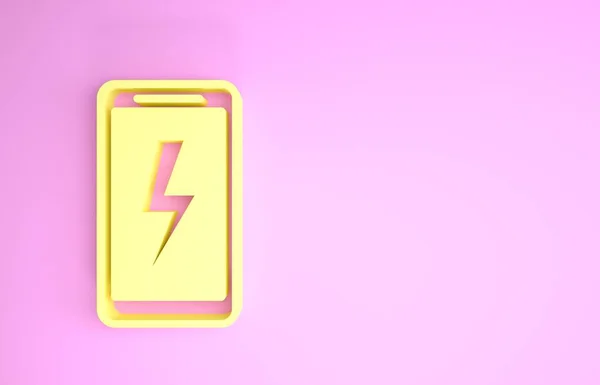 Gelbes Smartphone-Ladeakku-Symbol isoliert auf rosa Hintergrund. Telefon mit einer niedrigen Akkuladung. Minimalismus-Konzept. 3D Illustration 3D Renderer — Stockfoto