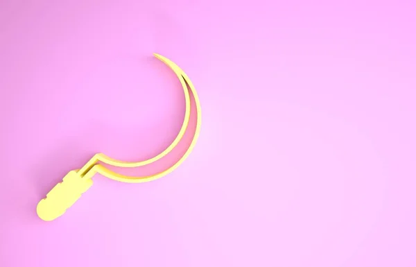 Gelbes Sichelsymbol isoliert auf rosa Hintergrund. Das Hakenzeichen ernten. Minimalismus-Konzept. 3D Illustration 3D Renderer — Stockfoto