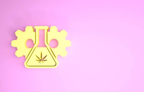 Żółta chemiczna probówka z ikoną marihuany lub liścia marihuany wyizolowana na różowym tle. Koncepcja badań. Koncepcja oleju laboratoryjnego Cbd. Koncepcja minimalizmu. Ilustracja 3d — Zdjęcie stockowe