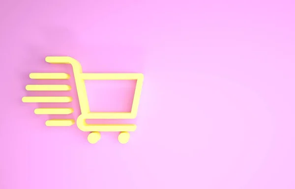 Icono de carrito de compras amarillo aislado sobre fondo rosa. Concepto de compra en línea. Señal de entrega. Símbolo de cesta de supermercado. Concepto minimalista. 3D ilustración 3D render — Foto de Stock
