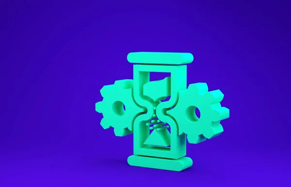青の背景に隔離されたグリーンの砂時計とギアアイコン。時間管理のシンボル。時計と歯車のアイコン。ビジネスコンセプト。最小限の概念。3Dイラスト3Dレンダリング — ストック写真