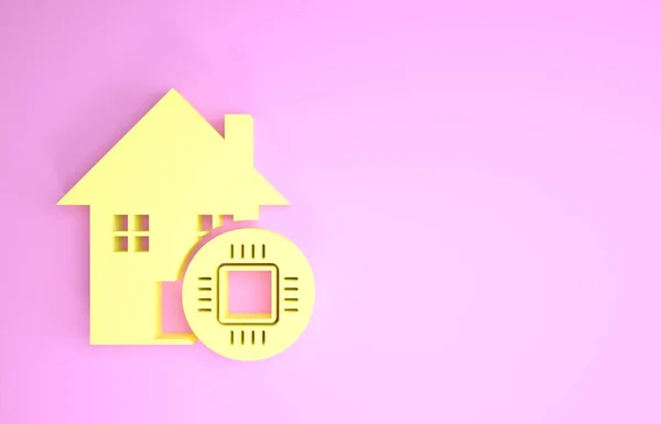 Icono de casa inteligente amarillo aislado sobre fondo rosa. Control remoto. Concepto minimalista. 3D ilustración 3D render — Foto de Stock