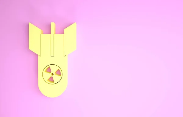 Yellow Nuclear bomb icon isolated on pink background. Rocket bomb flies down. Minimalism concept. 3d illustration 3D render