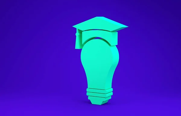 Icono de bombilla verde y gorra de graduación aislado sobre fondo azul. Concepto de educación universitaria. Concepto minimalista. 3D ilustración 3D render —  Fotos de Stock