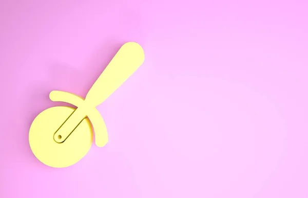 Pembe arka planda izole edilmiş sarı pizza bıçağı ikonu. Pizza kesme tabelası. Çelik mutfak gereçleri. Minimalizm kavramı. 3d illüstrasyon 3B canlandırma — Stok fotoğraf