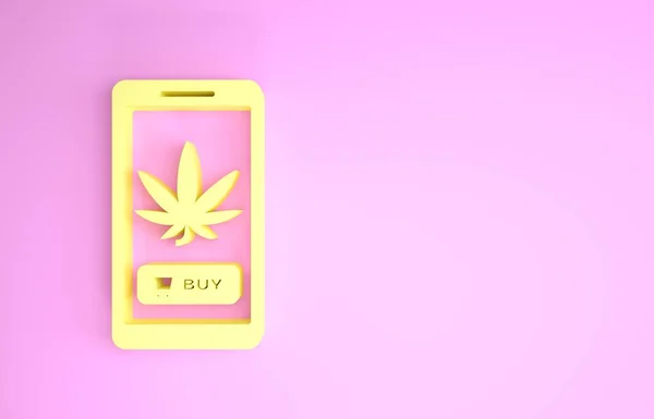 Icône jaune téléphone portable et marijuana médicale ou feuille de cannabis isolée sur fond rose. symbole d'achat en ligne. Panier de supermarché. Concept de minimalisme. Illustration 3D rendu 3D — Photo