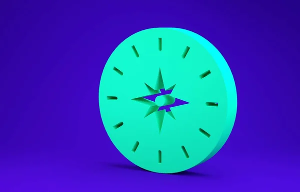 绿色指南针图标隔离在蓝色背景。Windrose导航符号。风玫瑰色标志。最低纲领的概念。3D渲染3D插图 — 图库照片