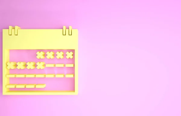Значок жовтого календаря ізольовано на рожевому фоні. Концепція мінімалізму. 3D ілюстрація 3D рендеринга — стокове фото