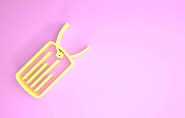 분홍색 배경에서 분리 된 노란 군견 태그 아이콘. 아이디 태그 아이콘. 군 사인회. 최소성 개념. 3D 일러스트 3D 렌더링 — 스톡 사진