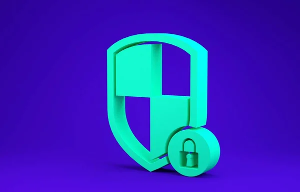 Захист Зеленого щита з іконою блокування, ізольованою на синьому тлі. Захист, безпека, захист паролів. Знак конфіденційності Firewall. Концепція мінімалізму. 3d Illustrated 3d render — стокове фото
