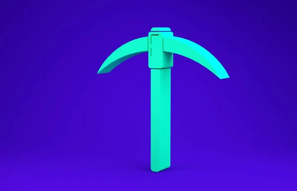 Icono de Green Pickaxe aislado sobre fondo azul. Tecnología de cadena de bloques, minería criptomoneda, bitcoin, mercado de dinero digital, billetera criptomoneda. Concepto minimalista. 3D ilustración 3D render —  Fotos de Stock