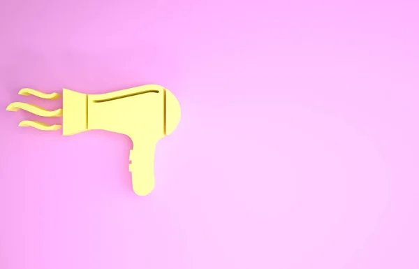 Yellow Hair dryer icon isolated on pink background. Hairdryer sign. Hair drying symbol. Blowing hot air. Minimalism concept. 3d illustration 3D render