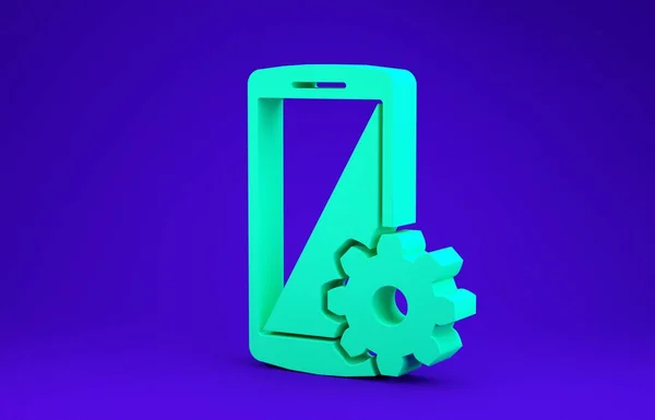 Zelené Nastavení na ikonu smartphone izolované na modrém pozadí. Mobilní telefon a výstroj. Nastavení, servis, nastavení, údržba, opravy, opravy. Minimalismus. 3D ilustrace 3D vykreslení — Stock fotografie