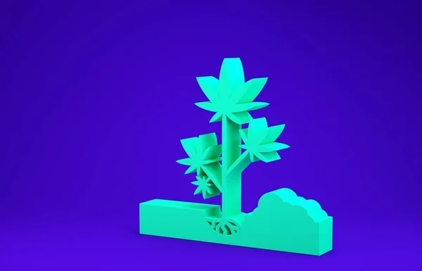 Plantation verte de marijuana ou de cannabis dans l'icône du sol isolé sur fond bleu. Concept de culture de marijuana. Symbole de chanvre. Concept de minimalisme. Illustration 3D rendu 3D — Photo