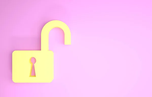Żółta Otwarta ikona kłódki izolowana na różowym tle. Otworzyłem znak zamka. Koncepcja cyberbezpieczeństwa. Ochrona danych cyfrowych. Bezpieczeństwo. Koncepcja minimalizmu. Ilustracja 3d — Zdjęcie stockowe